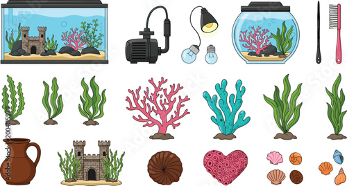 Aquarium and Fish Tank with Plants, Coral, Shells, and Decorative Items for Marine Life and Underwater Illustrations