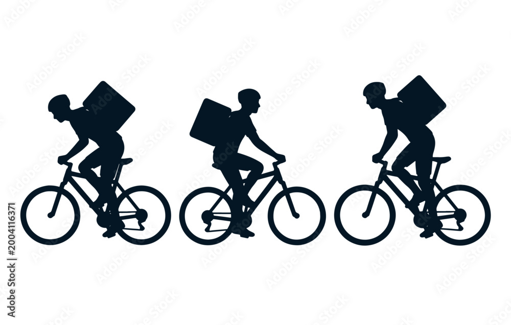 Obraz premium Delivery people riding bicycles with backpacks.