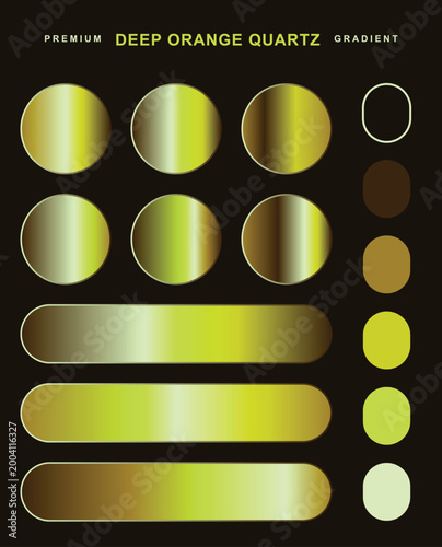Metallic quartz gradient vector design set. Features gold and olive yellow circles. Includes rounded rectangle buttons on dark brown background.