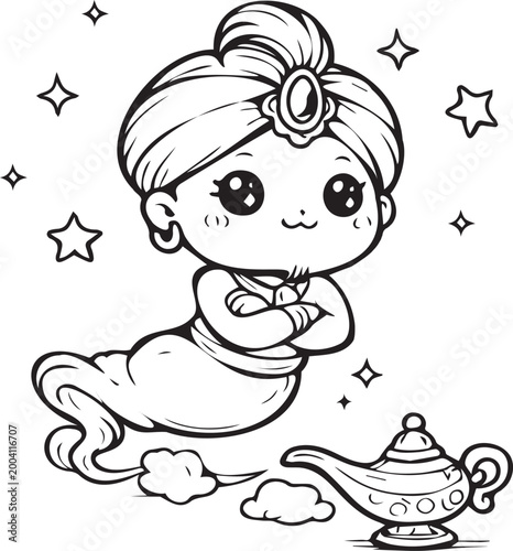 Printable hand drawn line art coloring page for preschool kids aged 3–5. Cute kawaii genie with magic lamp in simple outline style. Fun educational fairy tale activity sheet for children.