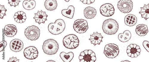 Cookie pattern on white, hand drawn illustration.	
