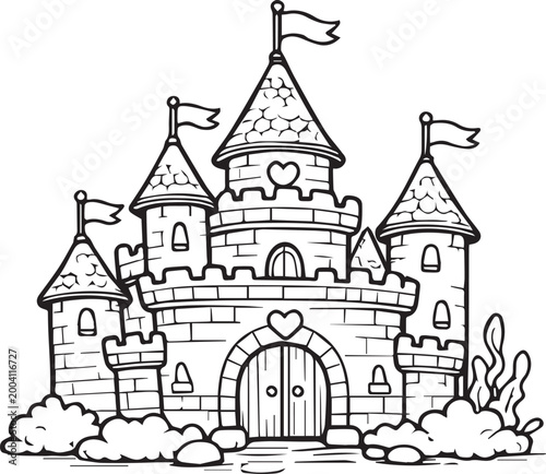 Printable hand drawn line art coloring page for preschool kids aged 3–5. Cute kawaii fairy castle in simple outline style. Magical fantasy illustration for children creativity and learning.