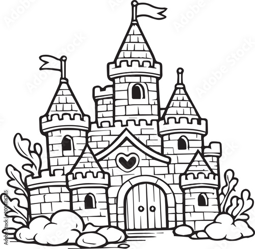 Printable hand drawn line art coloring page for preschool kids aged 3–5. Cute kawaii fairy castle in simple outline style. Magical fantasy illustration for children creativity and learning.
