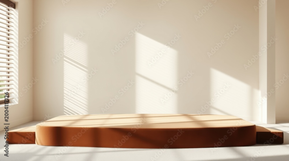 Fototapeta premium Minimalist stage setup. Warm tones dominate. Soft light creates shadows, highlighting curved platform. Empty space suggests product display.