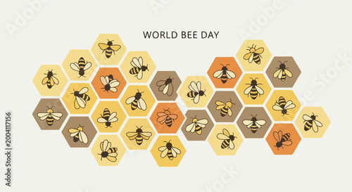 World Bee Day hexagonal pattern with honeycomb design and bee illustrations. Educational infographic featuring pollinator icons and nature symbols.
