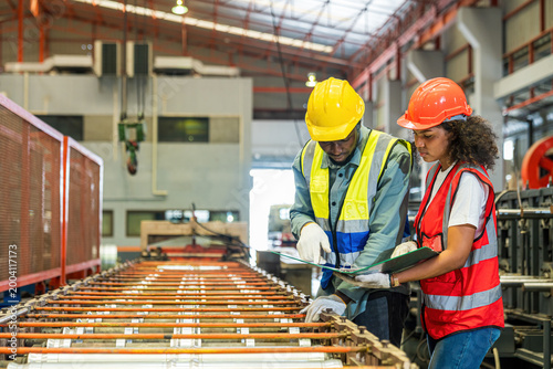 The foreman and workers in the metal sheet factory are discussing product specifications.