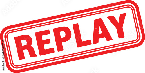 Red rubber stamp with the word "REPLAY" in white letters, suggesting a repetition or re-showing of an event, isolated on a white background.