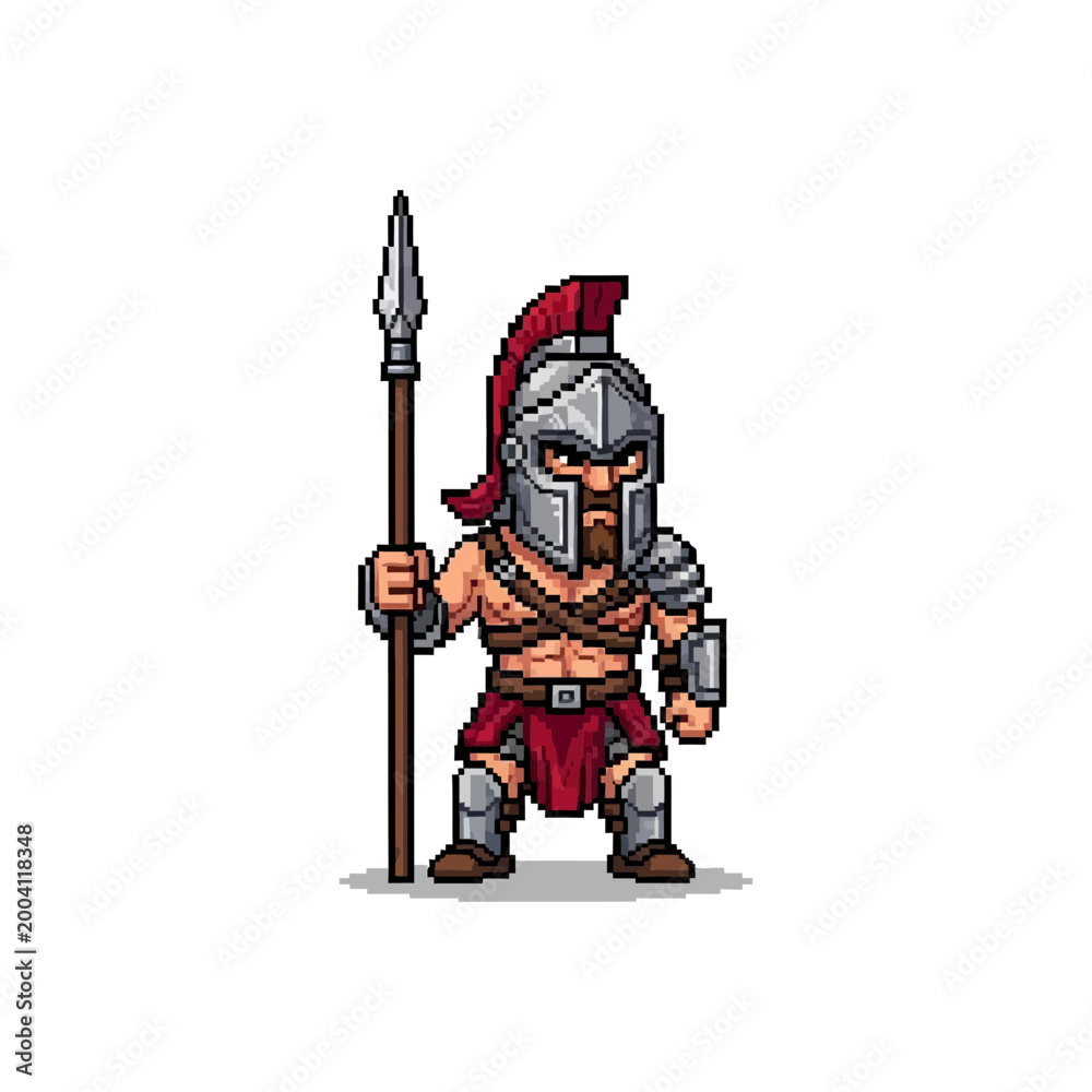 Obraz premium 甲冑を身にまとった古代ギリシャ風の戦士キャラクターのピクセルアート。剣と盾を持つ勇敢な姿。