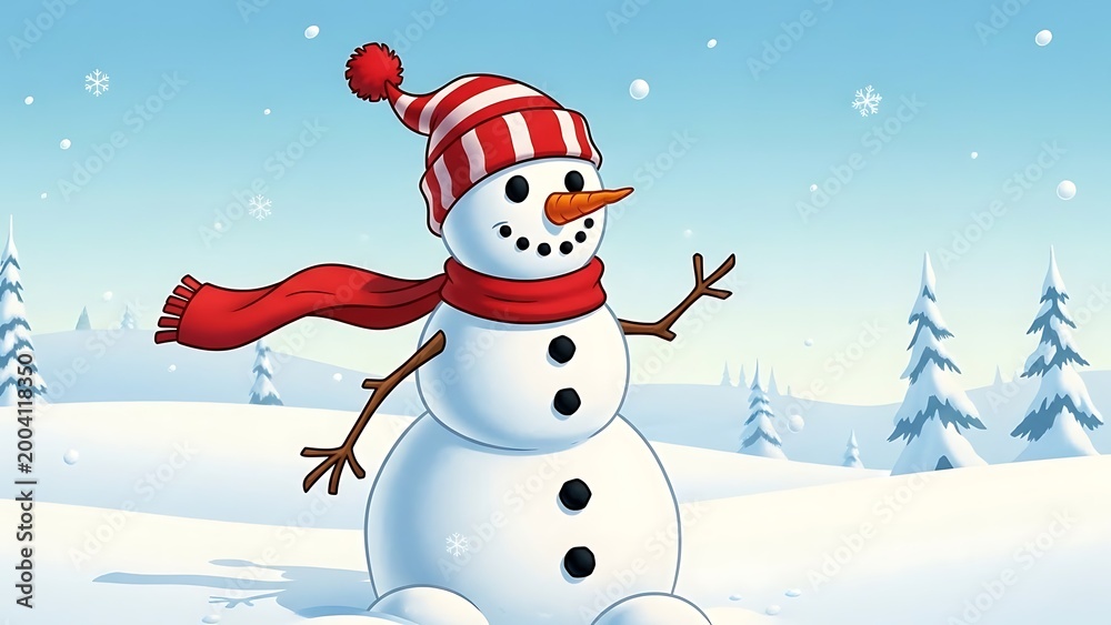 Fototapeta premium Cheerful snowman in winter attire amidst a snowy landscape illustration