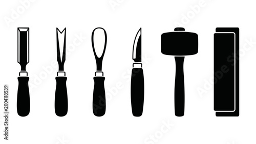 Εκτύπωση καμβά Woodworking carving tools set icon, professional wood craft equipment silhouettes including mallet, chisels and gouge for sculpture, carpentry, manual DIY woodwork workshop vector illustration design