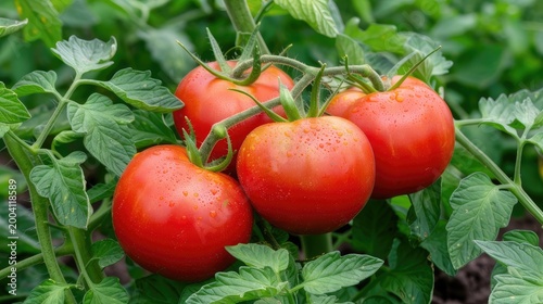 Red tomatoes grow on the plant in the garden stock photo