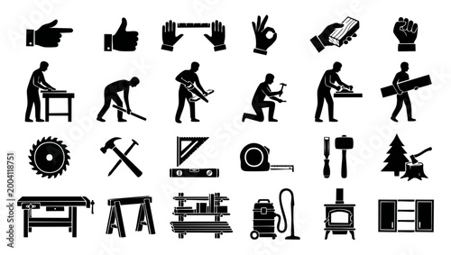 Carpentry icons set, woodworking tools and craftsman silhouettes collection for professional construction, building maintenance, DIY projects, house renovation, furniture making and workshop design el