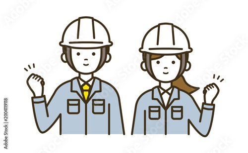 目標達成や解決を喜ぶ作業員の男女ペアセット｜作業服・ネクタイ・ブラウス・ガッツポーズ