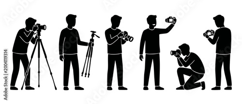 Photographer silhouette icons collection, men taking photos with camera and tripod, professional photography poses set for web design, isolated flat graphic symbols representing visual creative work.