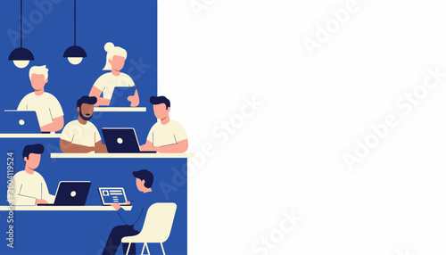 Diverse Professionals Working on Laptops in a Modern Coworking Space Office with Copy Space, Flat Vector Illustration