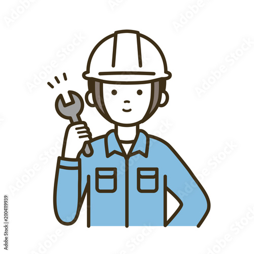 スパナを持ち修理の準備をする作業員の男性イラスト｜白ヘルメット・作業服・技術者