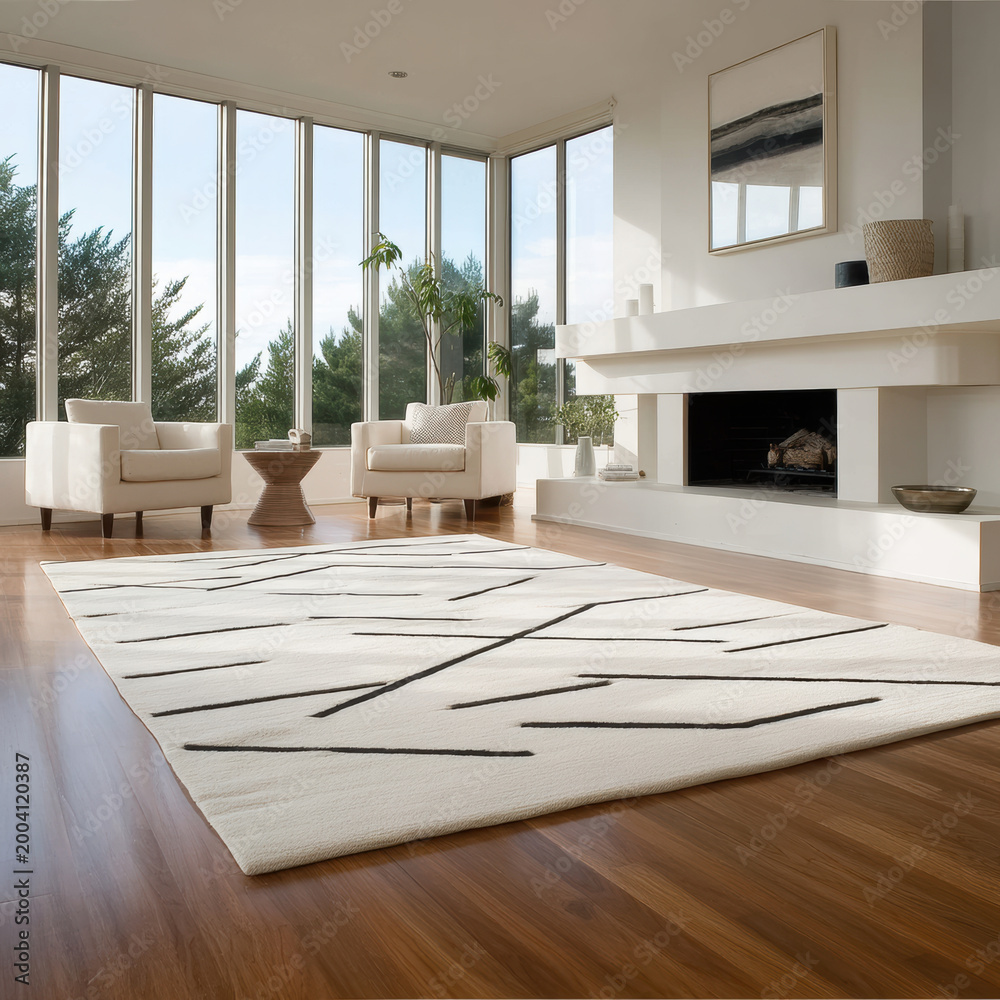Fototapeta premium Modern minimalist living room with large windows, white armchairs, geometric rug, wooden floor, and natural light create serene atmosphere