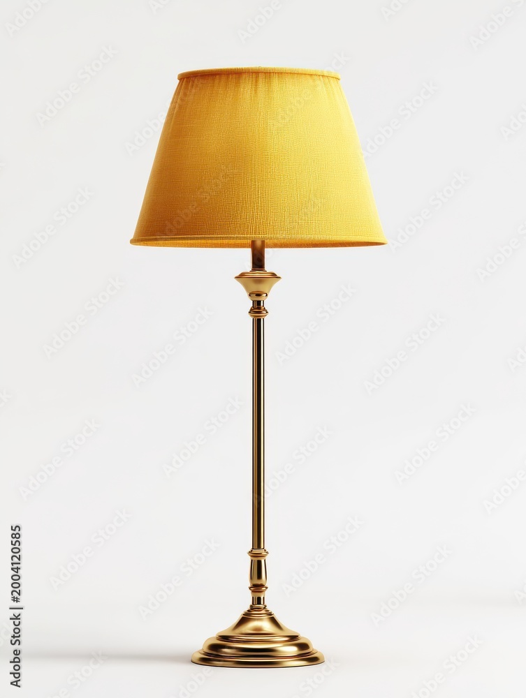 Obraz premium Elegant Golden Floor Lamp with Textured Yellow Shade Illuminated Brightly in Studio Lighting