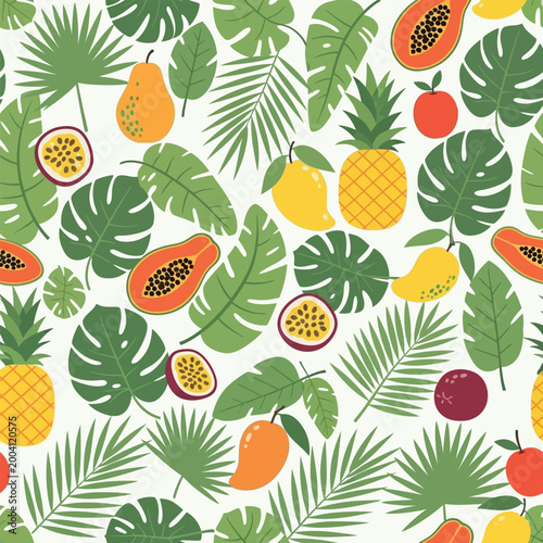 Tropical Fruit and Leaves Seamless Pattern - Vibrant Summer Exotic Botanical Design