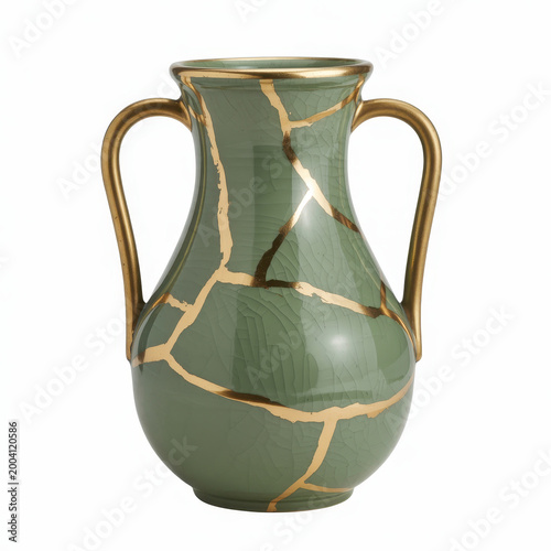 Green ceramic vase with gold kintsugi cracks and two side handles on a white background