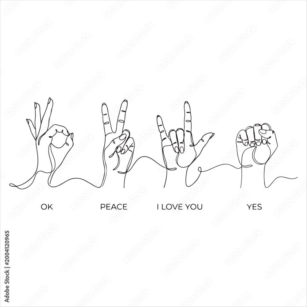 Fototapeta premium Four hands making signs for OK peace I love you yes in line art style