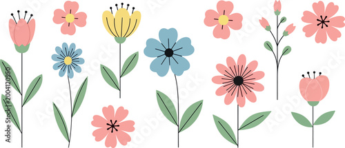 Vibrant collection of flat design vector flowers, perfect for adding a touch of nature to spring and summer themed creative projects, invitations, and various graphic design elements