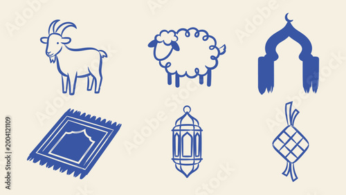 Blue Islamic icon set with goat, sheep, mosque, prayer rug, lantern, and ketupat. Representing Eid al-Adha and Eid al-Fitr celebrations and religious traditions