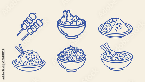 Indonesian street food vector icon set featuring satay, meatball soup, and rice dishes. Ideal for restaurant menus and culinary branding