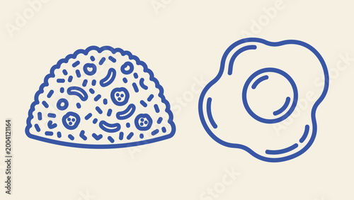 Blue line art vector illustration of fried rice and a fried egg. Ideal for restaurant menus and food blogs representing breakfast and Asian cuisine