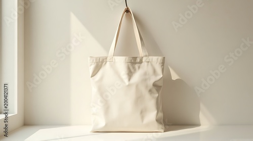 Cream Tote Bag Hanging by Window Shelf