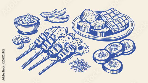 Blue line art vector illustration of Indonesian satay with peanut sauce and rice cakes. Ideal for traditional Southeast Asian cuisine and street food