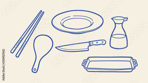 Blue line art illustration of kitchen utensils including chopsticks, plate, knife, and bottle. Ideal for restaurant menus, cooking blogs, and culinary branding