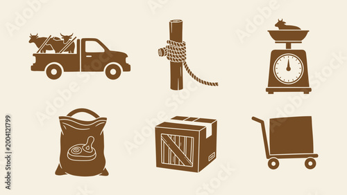 Set of brown agricultural and livestock logistics icons. Representing farm transport, meat production, and supply chain management