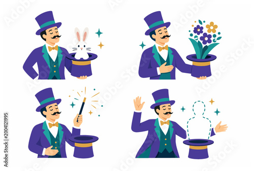 Slika na platnu Magician Performing Four Different Illusions with Top Hat.