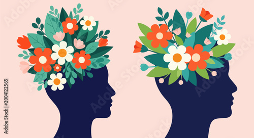Mental health concept vector with blooming flowers in human head silhouettes, psychological wellbeing and mindfulness illustration, floral brain growth