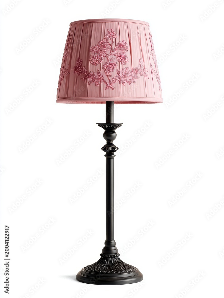 Obraz premium Elegant Pink Beaded Lampshade on Ornate Black Lamp Base Soft Light Illumination