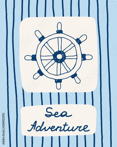 Nautical Helm Minima Poster with text. Marine steering symbol illustration with typography design in calm ocean style. Vector sketch art for Summer Vacation