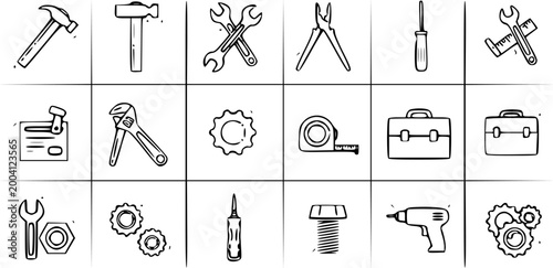 Hand drawn doodle construction and repair tool icons set with hammer wrench screwdriver drill and mechanical hardware vector illustration