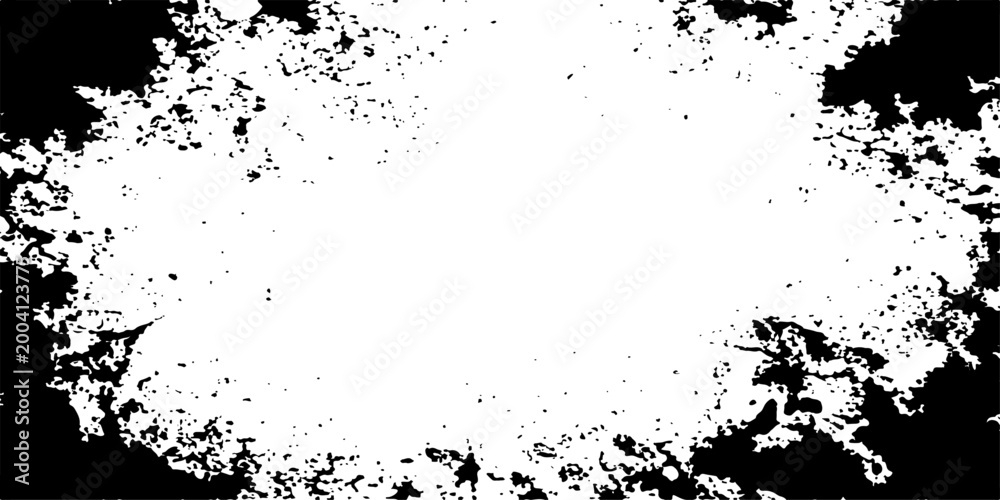Fototapeta premium A dirty black ink splat and spray splatter pattern creates an abstract grunge texture design featuring a floral silhouette border and a liquid paint stain frame illustration vector