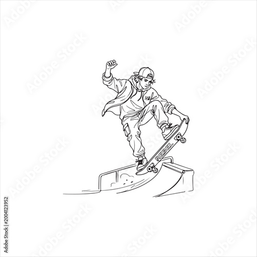 Young man skateboarding on a ramp with a raised hand in casual clothes