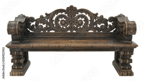 Ornate antique wooden bench with intricate carved details isolated on a white background