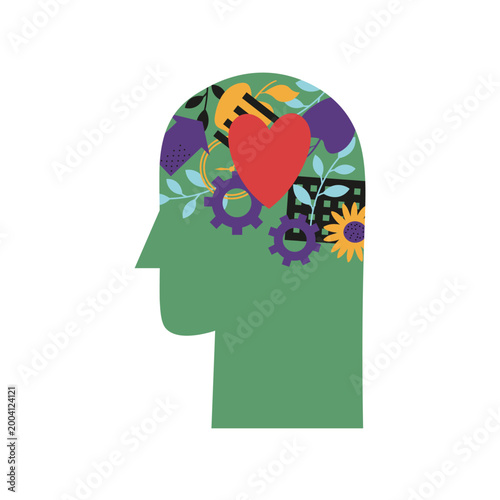 Empathy concept with heart inside human head. Emotional intelligence symbol. Mental support and understanding icon with floral brain and love sign. Vector cartoon illustration on isolated background