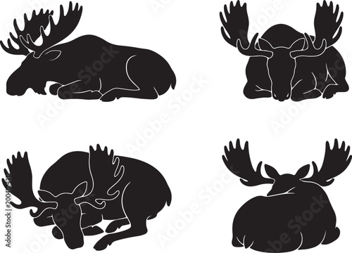 sleeping moose silhouette icons set side, front, back, and top views vector art illustration 