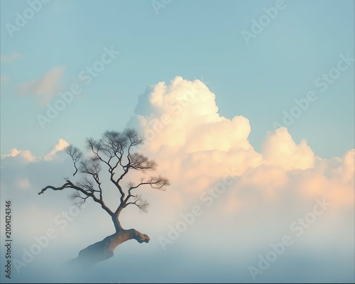 Solitary tree emerging from sea of clouds with dramatic sky background