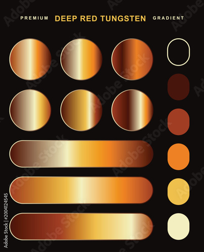 Premium deep red tungsten metallic gradient swatch collection. Featuring glossy copper circles and bronze rounded rectangle buttons on a black background.