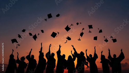 Fotografie Graduation ceremony silhouettes throwing caps in the air at sunset