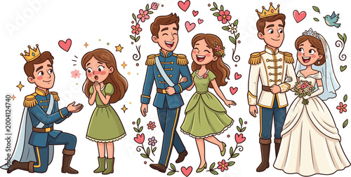 Fairytale Royal Couple Vector Set with Proposal, Wedding, and Love for Romance, Marriage, and Happy Ever After Design