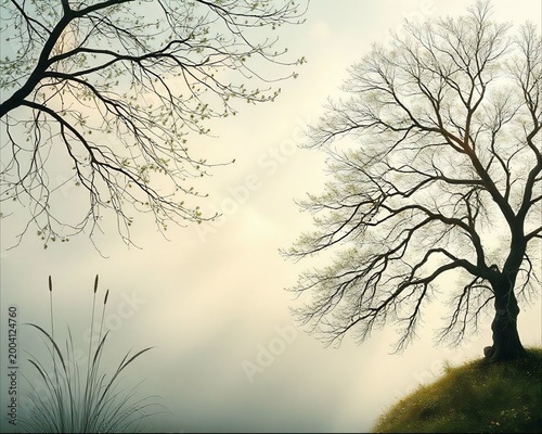 Silhouetted trees on misty hill with dramatic sky and grass foreground on serene landscape background