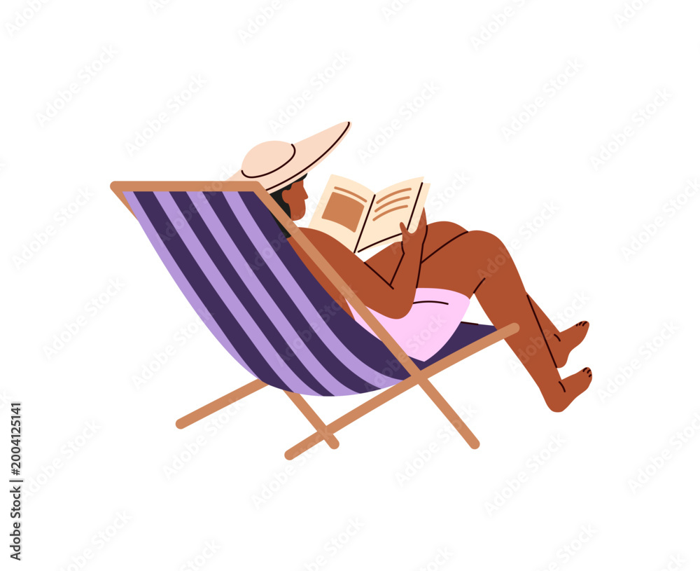 Obraz premium Woman relaxes in chaise lounge and gets sun tan on beach. Girl is sunbathing on deck chair in sea resort. Person is on sunbed in summer vacations. Flat isolated vector illustration on white background