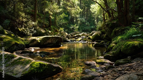 A serene forest stream with moss-covered rocks and trees reflected in the calm water